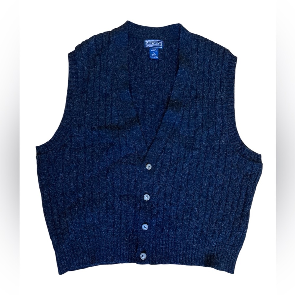 Lands End Sweater Vest Mens L Gray Shetland Wool Button Up Knit Made UK Classic